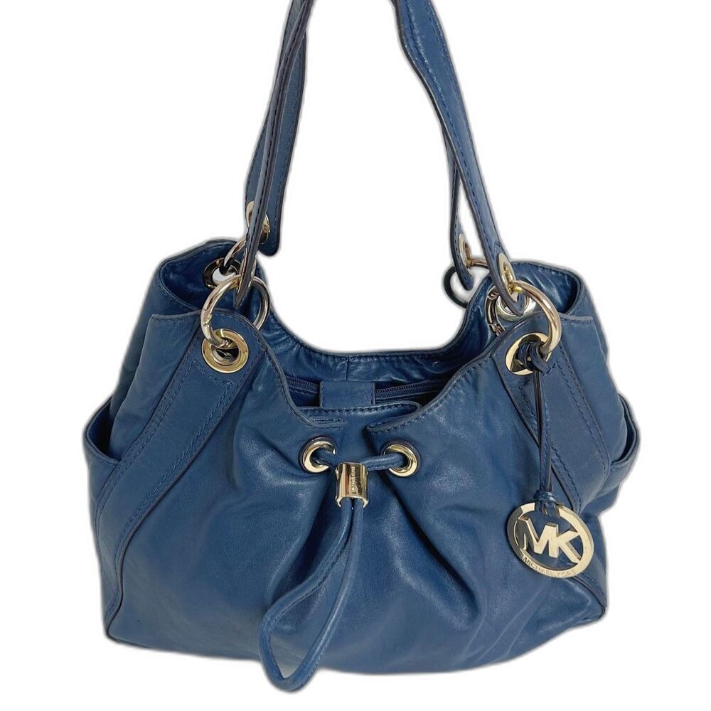y2k Vintage Michael Kors Navy Blue Ludlow Leather Drawstring Shoulder Bag